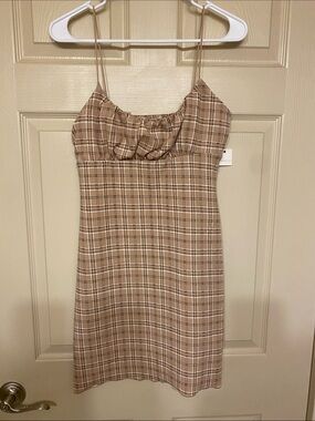 NWT Plaid Spaghetti-Strap Mini Dress in Beige